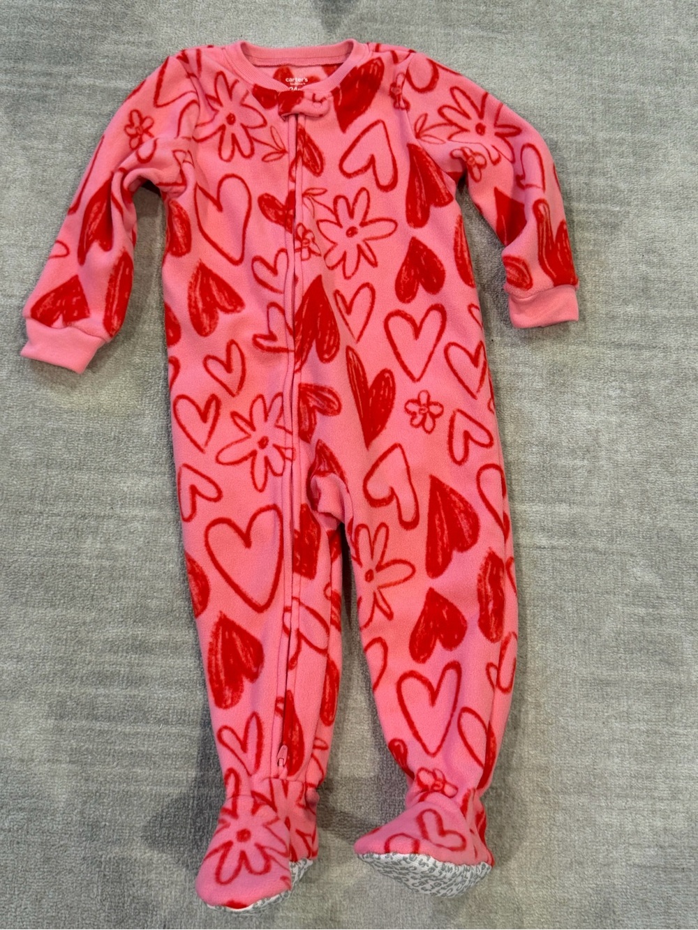 Carter's Pink Fleece Footed One-Piece with Red Hearts